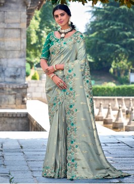 Grey Embroidered Silk Designer Saree