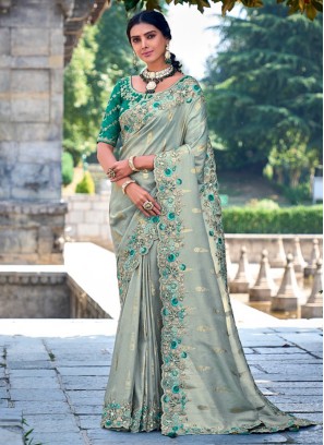 Grey Embroidered Silk Designer Saree