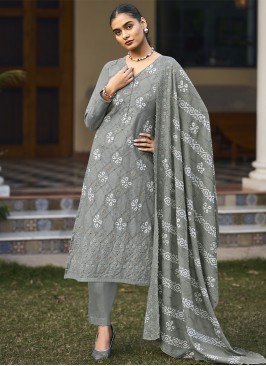 Grey Embroidered Straight Salwar Kameez