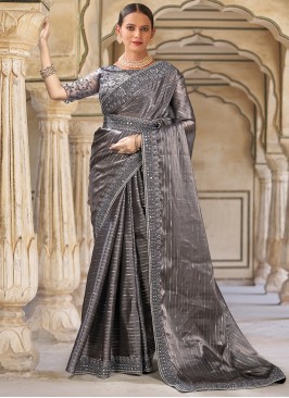 Grey Engagement Fancy Fabric Classic Saree