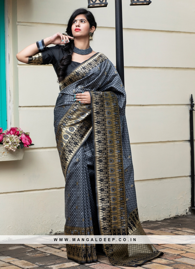 Grey Festival Banarasi Silk Traditional Designer Saree