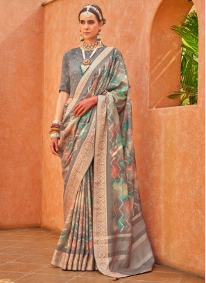 Grey Foil Print Trendy Saree