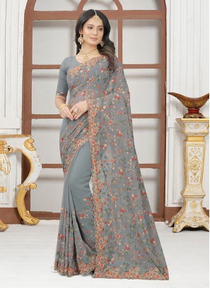 Grey Georgette Designer Contemporary Style Saree