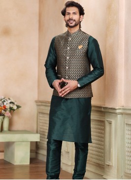 Green Jacquard Banarasi Silk 3-Piece Jacket Set with green Churidar Bottom.