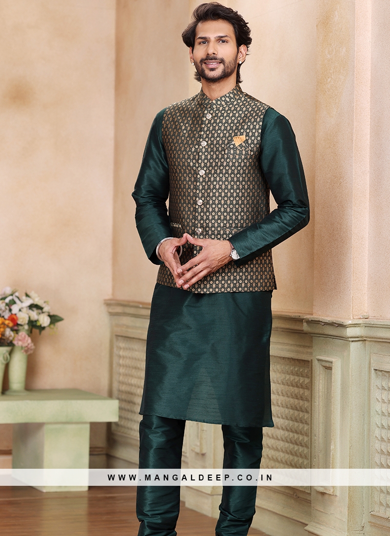 Green Jacquard Banarasi Silk 3-Piece Jacket Set with green Churidar Bottom.