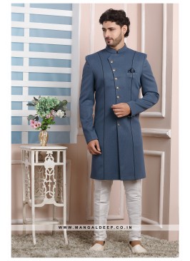 Grey Jacquard Silk Wedding Wear Indo Western Sherwani