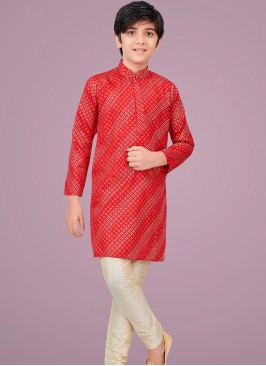 Red cottan silk Indo Western Suit for Boys.