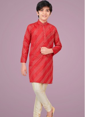 Red cottan silk Indo Western Suit for Boys.