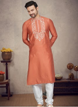 Rust Jaquard Kurta with Off White Churidar Bottoms