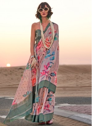 Grey Linen Print Designer Saree