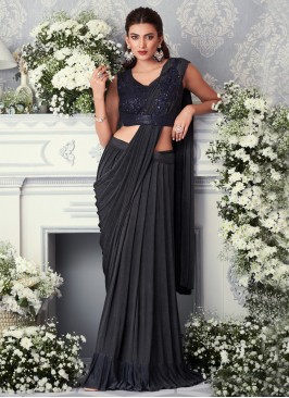 Grey Lycra Plain Designer Saree