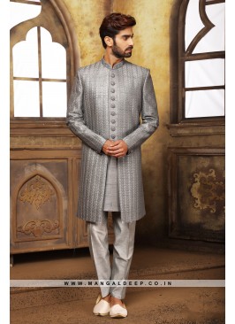 Grey Navabi Indo Western Embroidered Art Banarasi Silk Sherwani with Art Silk Aligadhi Bottom.