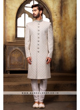 Grey Navabi Indo Western Embroidered Georgette Sherwani with Art Silk Aligadhi Bottom.