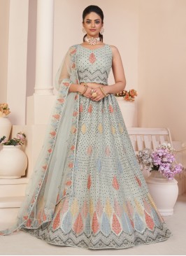 Grey Net Embroidered Lehenga Choli