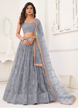 Grey Net Mehndi Designer Lehenga Choli