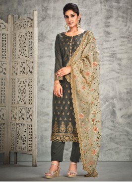 Grey Organza Mehndi Straight Salwar Suit