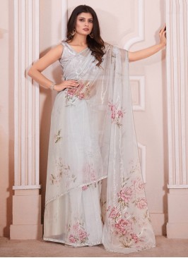 Grey Organza Zircon Classic Saree