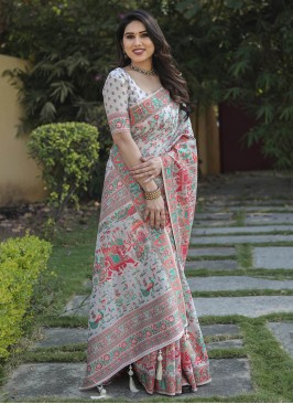 Grey Printed Cotton Trendy Saree