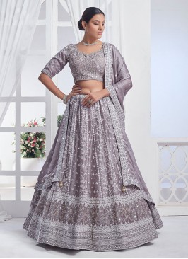 Grey Pure Chiffon Embroidered Lehenga Choli