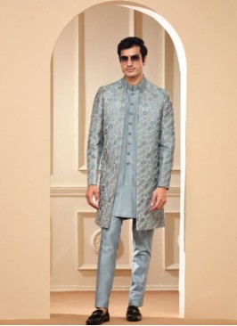 Grey Raw Silk Embroidery Indowestern Suit