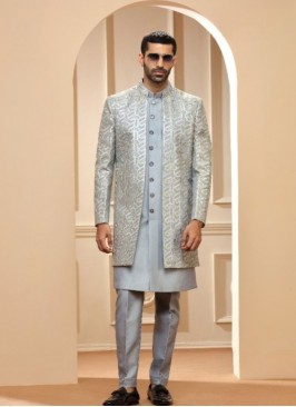 Grey Raw Silk Indowestern Suit For Reception