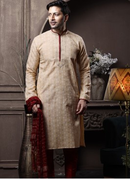 Gold Silk Kurta Pajama with Marron ArtSilk Trouser.