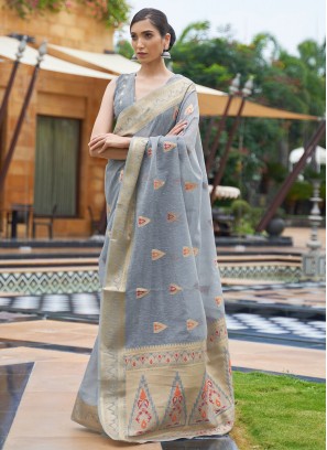 Grey Weaving Linen Classic Saree