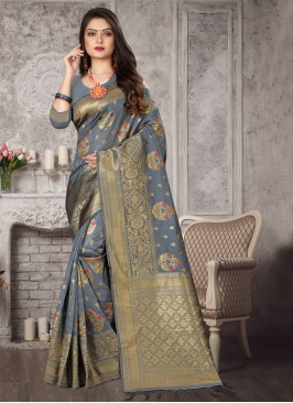 Grey Weaving Traditional Designer Saree