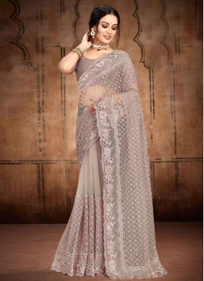 Grey Zari Net Saree