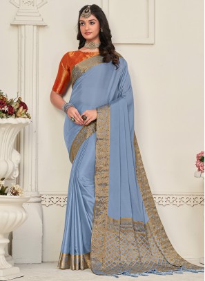 Gripping Chinon Aqua Blue Border Contemporary Saree