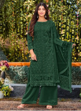 Gripping Faux Georgette Embroidered Green Palazzo Salwar Suit
