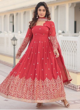 Gripping Faux Georgette Red Sequins Designer Gown