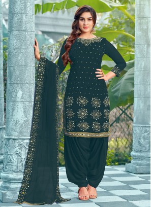 Gripping Faux Georgette Teal Mirror Patiala Salwar Kameez