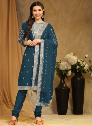 Gripping Faux Georgette Teal Salwar Suit