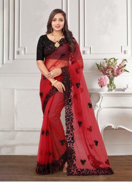 Gripping Red Embroidered Net Trendy Saree