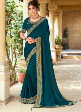 Gripping Resham Teal Vichitra Silk Traditional Designer Saree