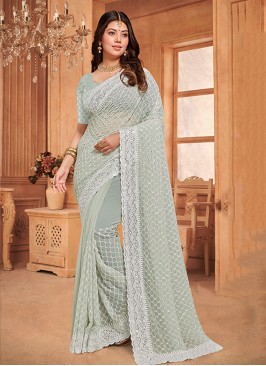 Gripping Sequins Aqua Blue Georgette Contemporary Saree