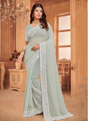 Gripping Sequins Aqua Blue Georgette Contemporary Saree