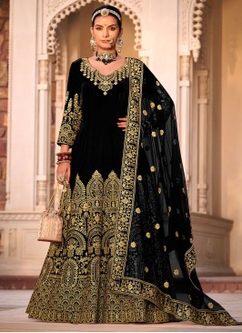 Gripping Velvet Embroidered Black Trendy Anarkali Salwar Kameez