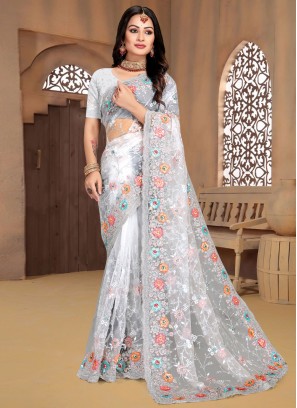 Gripping White Embroidered Traditional Saree
