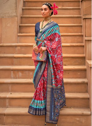 Groovy Blue and Red Weaving Classic Saree