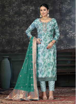 Groovy Digital Print Sea Green Pant Style Suit 