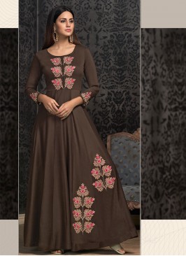 Groovy Embroidered Brown Muslin Designer Gown