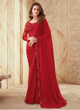 Groovy Embroidered Silk Red Classic Saree