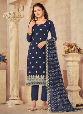Groovy Grey Embroidered Faux Georgette Straight Suit