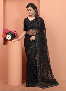 Groovy Net Embroidered Black Contemporary Style Saree