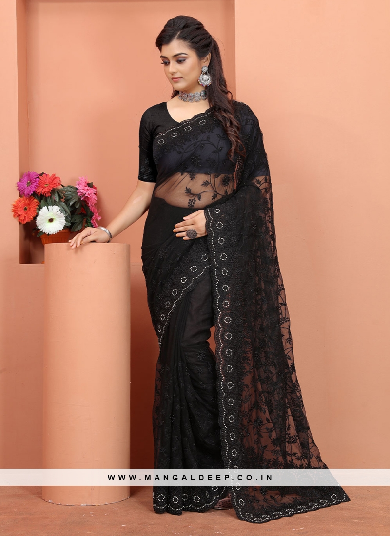 Groovy Net Embroidered Black Contemporary Style Saree