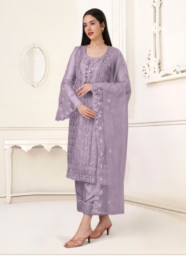 Groovy Net Embroidered Lavender Straight Suit