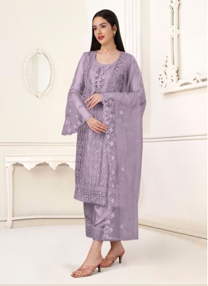 Groovy Net Embroidered Lavender Straight Suit