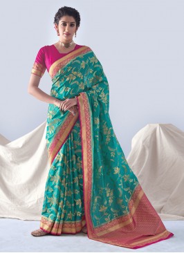 Groovy Organza Teal Weaving Contemporary Saree